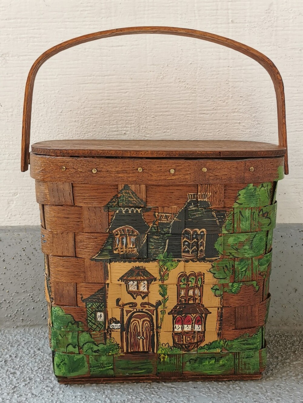 Vintage Handcrafted Hand Painted Artist Signed Folk Art Woven Wood Basket